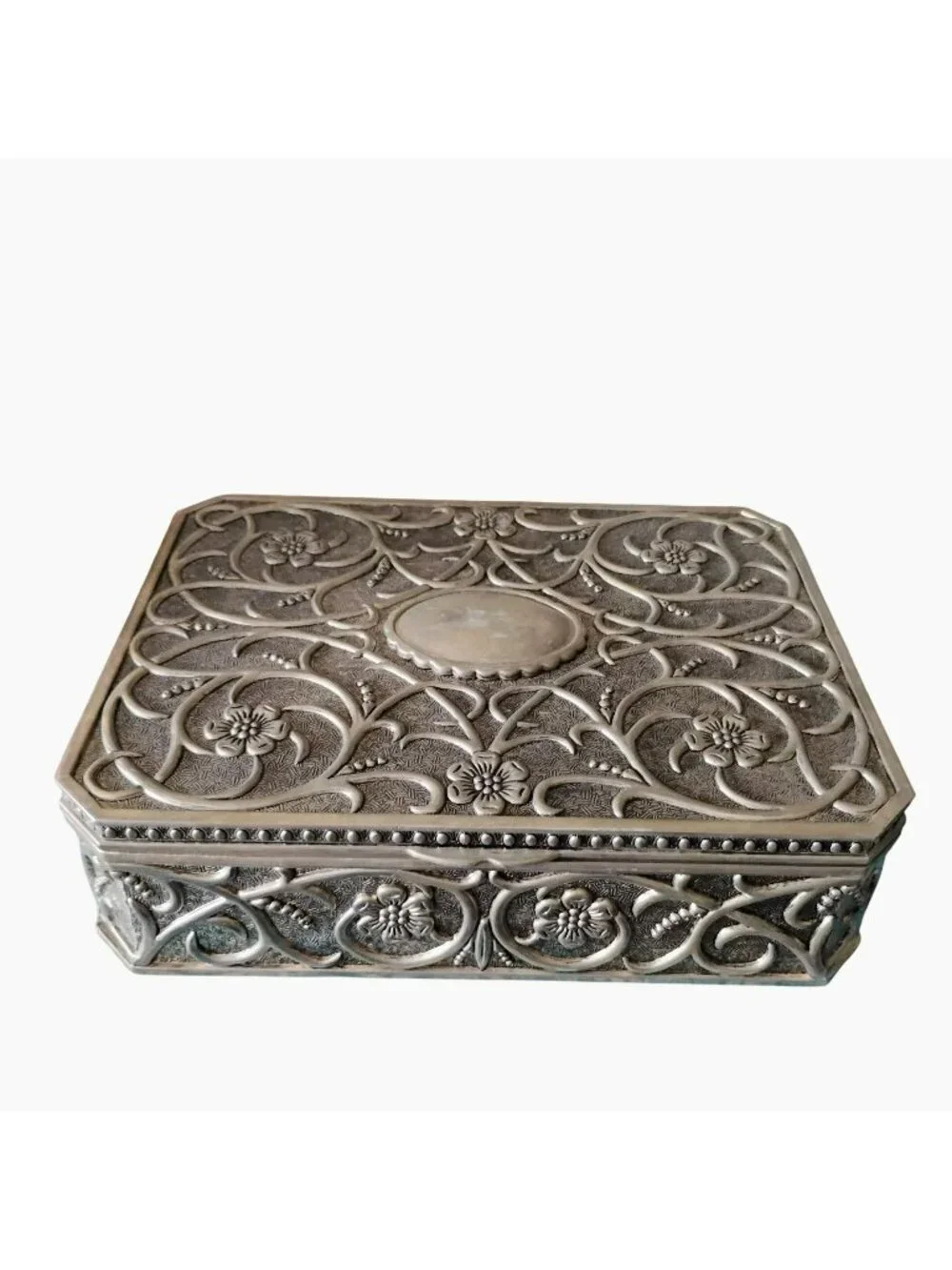 Vintage Godinger Silver Plate Jewelry Box, Floral Engraving, Red Velvet Lining